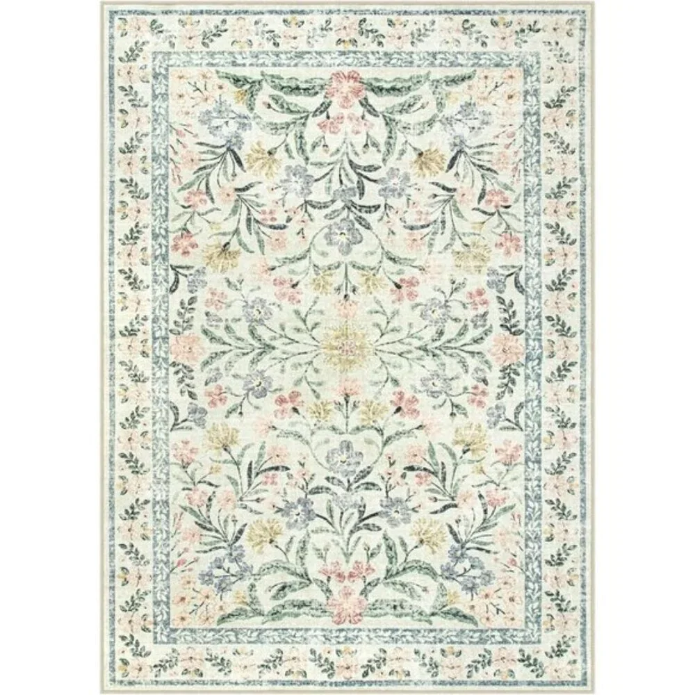 New 5x7 Beige Multi Boho Rug, Washable Non-Slip Vintage Floral Carpet for Home